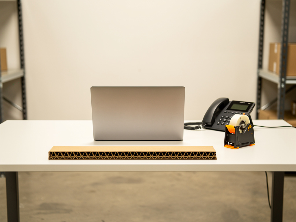 A tidy order desk in the warehouse office with a laptop, a desk phone, a tape dispenser and a sample edge protector, wit