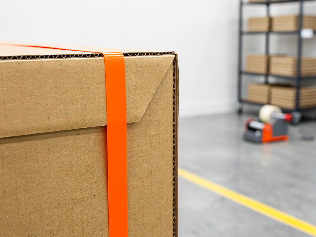 Close-up of a kraft cardboard edge protector forming a crisp 90° angle on the corner of a corrugated box, with an orange
