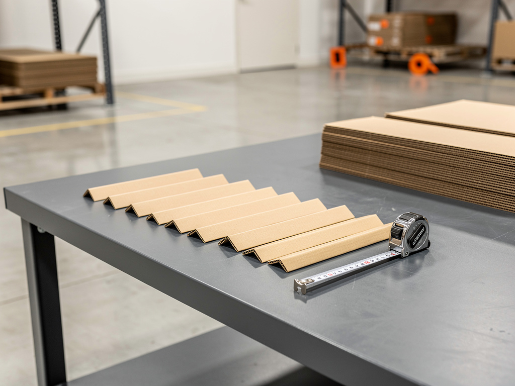 A row of cardboard edge protectors cut to different lengths, laid parallel on a graphite workbench with a steel measurin