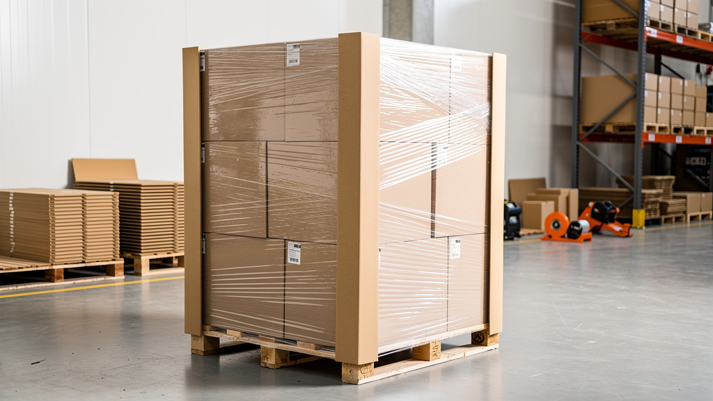 A tall palletized load of corrugated boxes wrapped in stretch film, with kraft right-angle edge protectors on all four v
