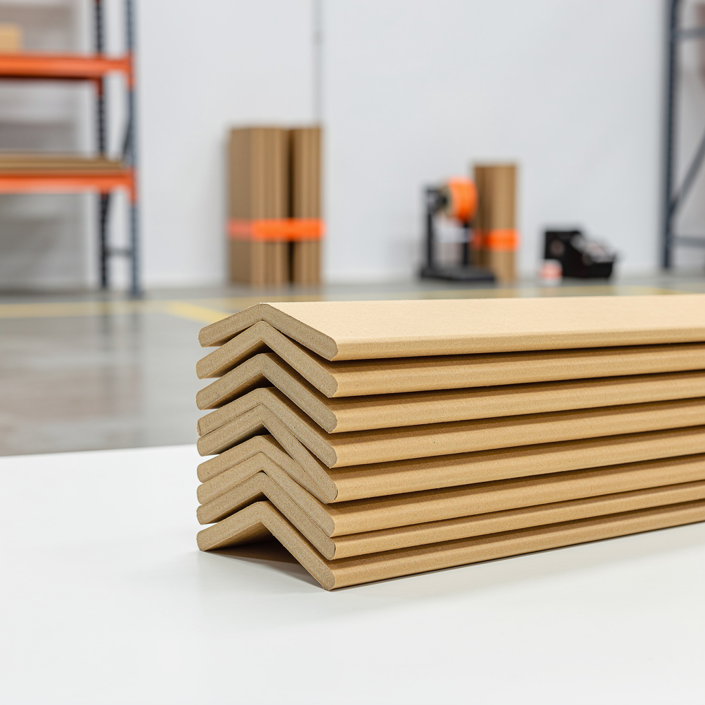 A bundle of unbranded kraft right-angle cardboard edge protectors stacked neatly on a clean off-white surface, lit evenl