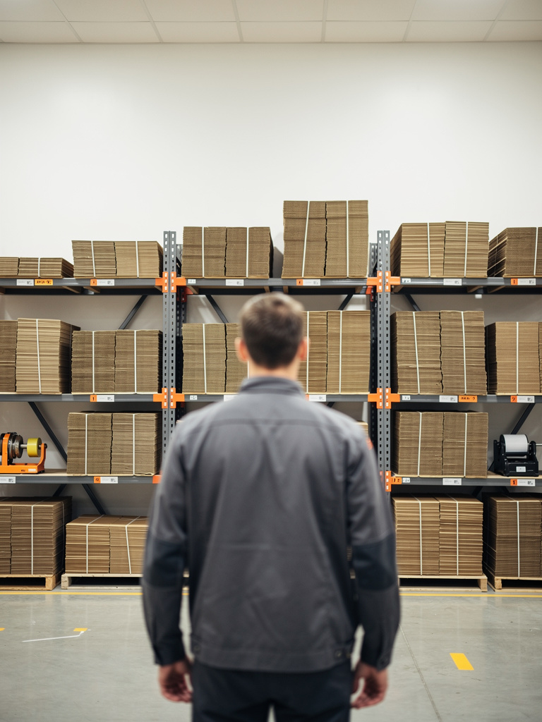 A view of the production area from behind a worker in a graphite work jacket, with neatly bundled stacks of kraft edge p
